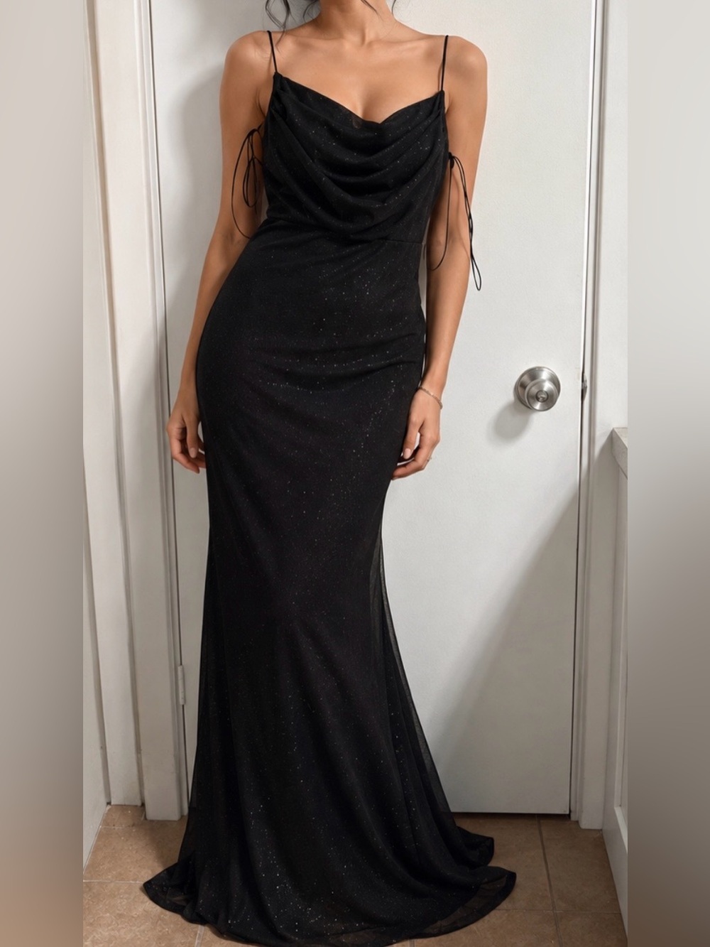 Black Sparkle Cowl Neck Maxi Dress with Spaghetti Straps